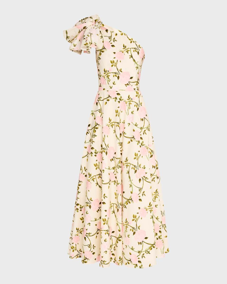 Floral-Print Bow One-Shoulder Midi Dress